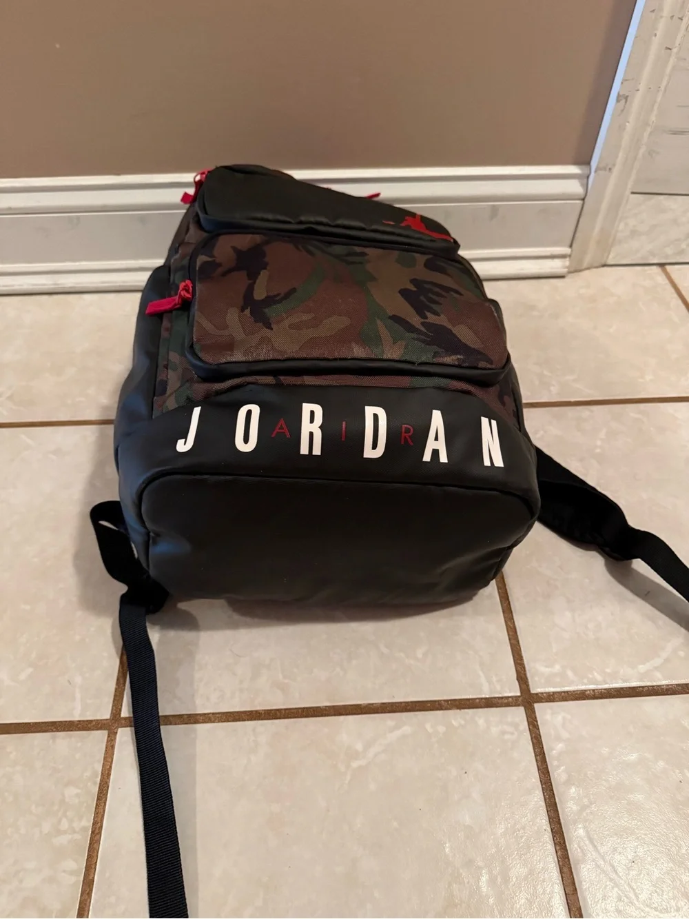 Jordan Camo Backpack in Green/Black with Red Accents